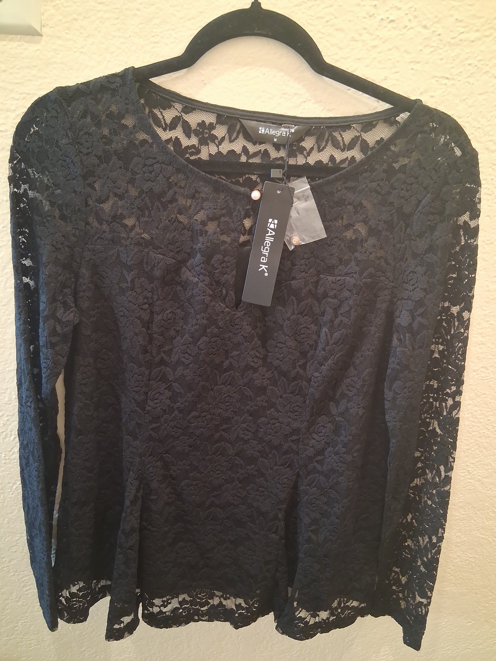 Allegra K Black Lace Long-Sleeve Top